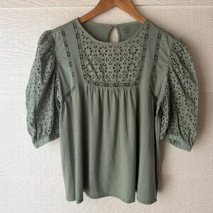Good Hart Sage Eyelet Blouse Small Puff Sleeve Boho Top